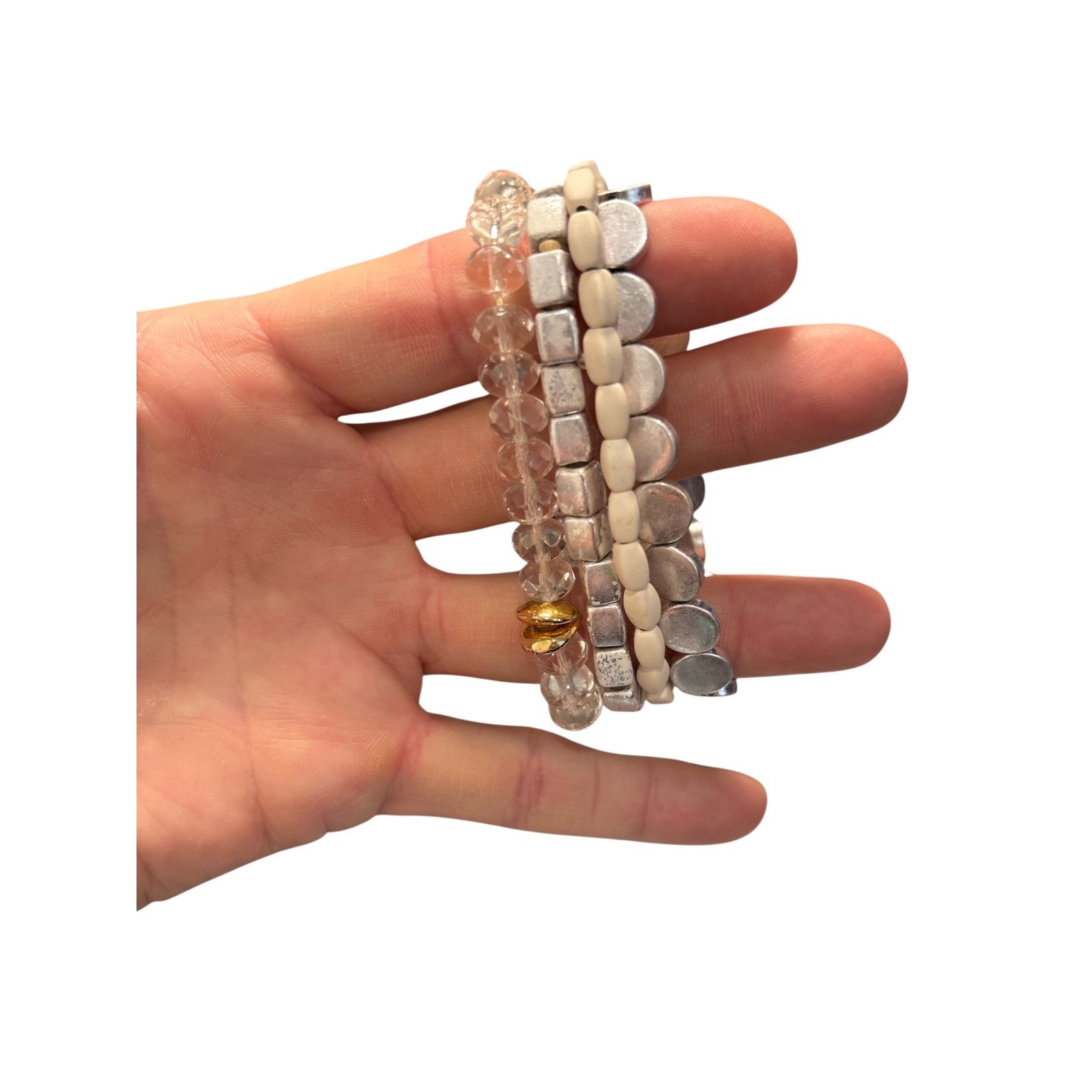 Boho Stretch Bracelet Stack Silver Tone White Beaded Crystal Layered Set 20$